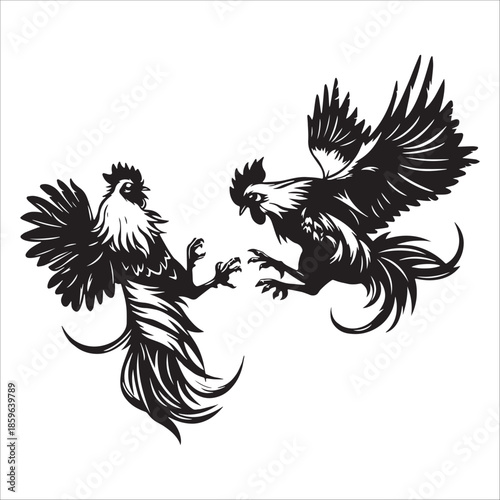 Rooster Fight Illustration In Mid Air