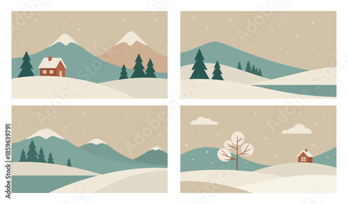 Minimalistic winter mountains landscape illustrations. Vector design in Scandinavian style