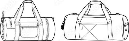 Two duffel bag line drawings side by side, cylindrical travel gym bags, top handles, zippered pockets, reinforced stitching, design comparison
