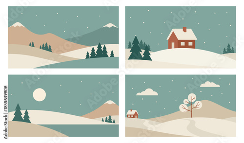 Minimalistic winter night mountains landscape illustrations. Vector design in Scandinavian style