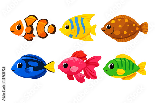 Six colorful cartoon fish glowing in the dark