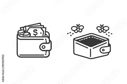 Wallet with money and empty wallet with moths icons