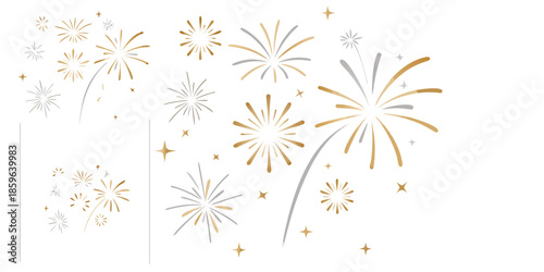 Modern festive golden fireworks set with stars and sparks isolated on white background, icons vector illustration for Christmas, Happy New year, Holiday, Anniversary, Party, Diwali, Celebration BG
