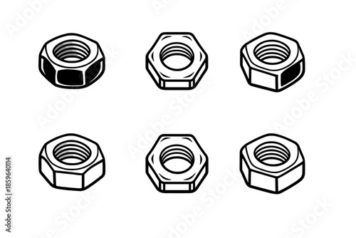 Set of Hexagonal Nuts Isolated on Gray Gradient Background