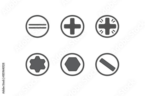 Set of six screw head icons with different drives