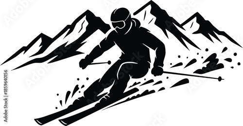 Skiing silhouette. Skier descending snowy mountains. Winter sport activity.