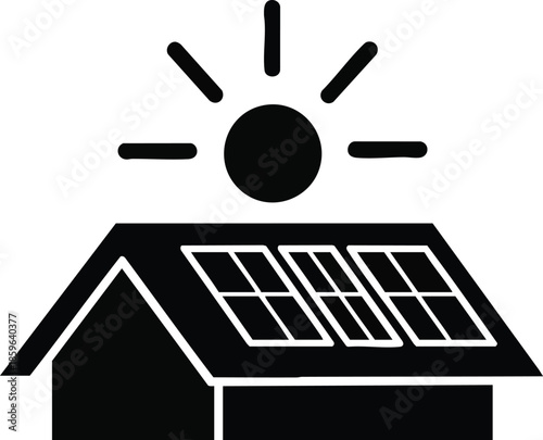 Icon: Solar panel on rooftop with sun. Sustainable power and energy concept.