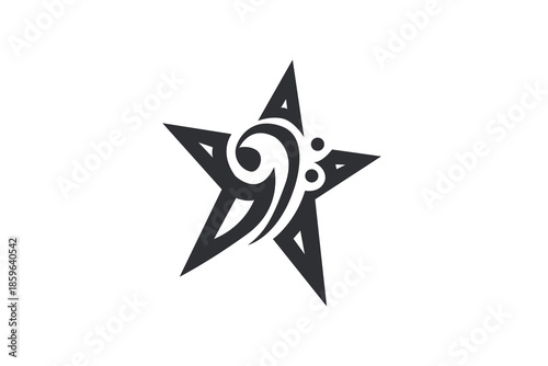 Abstract music star logo with treble clef, black and white minimalist vector illustration.