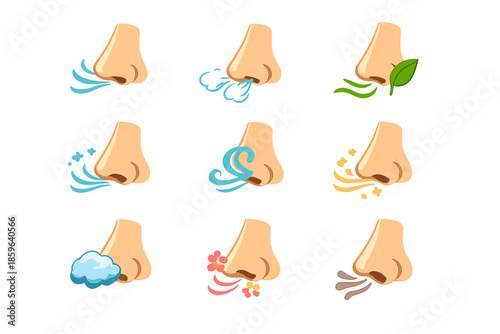 Noses smelling different scents with colorful puffs