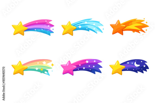 Collection of six colorful shooting stars