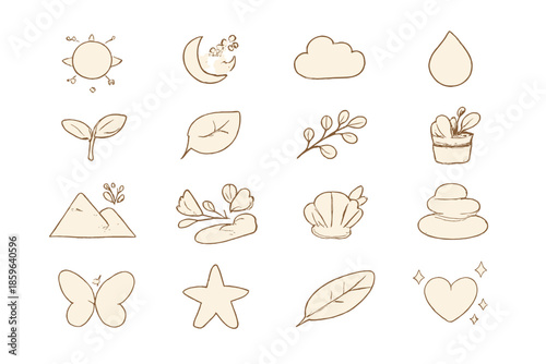 Nature and wellness icons in sepia tone