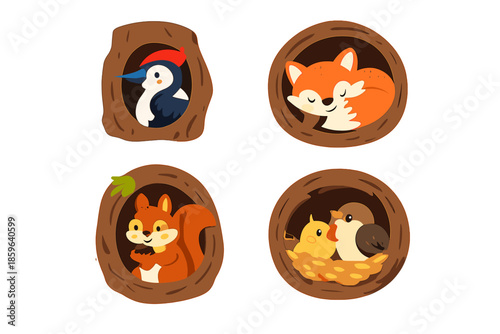 Cute forest animals in tree hollows