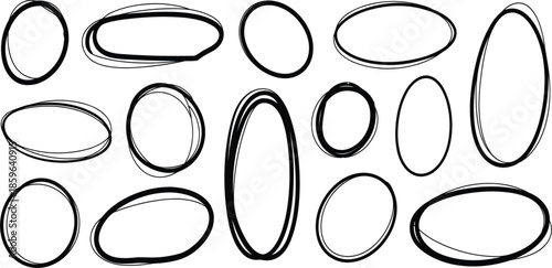 Hand drawn circle and oval frames vector set, collection of messy doodle highlighter rings and black ink oval borders