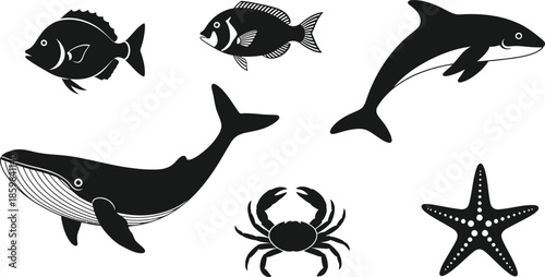 Silhouette illustration set of 5 sea life animals fish whale dolphin crab and starfish