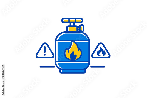 Gas cylinder with flame and warning signs, neon effect