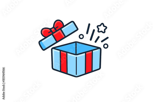 Open gift box with red ribbon and starburst effect