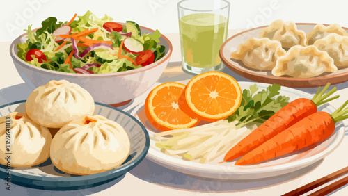 Illustration of assorted food items on table