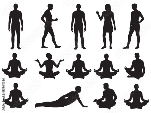 Silhouettes of People in Various Poses and Yoga Positions