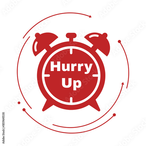 Red alarm clock with hurry up text and circular motion lines
