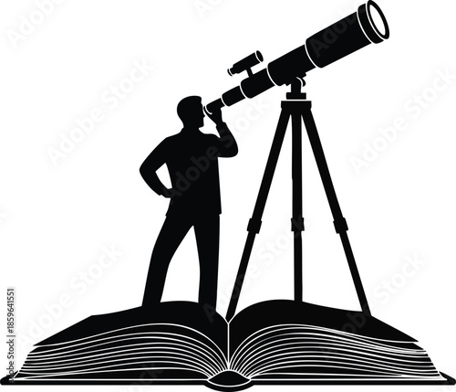 Observatory illustration. Man looking through telescope on book. Scientific discovery.