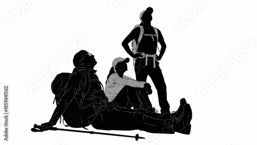 Three hikers taking a break on a white background.