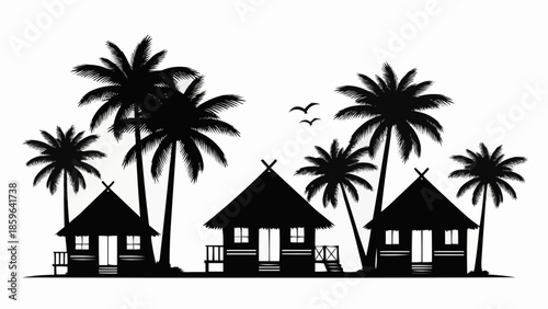 Tropical Bungalows and Palm Trees Silhouette.