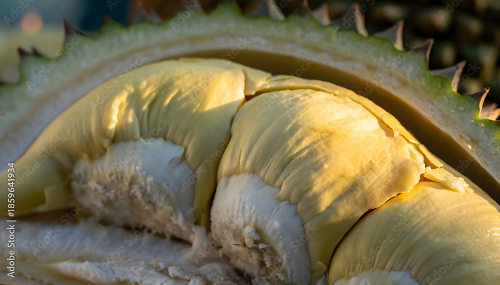 Fototapeta premium Close Up of Ripe Yellow Durian Fruit Flesh with Spiky Green Outer Shell Illuminated by Golden Sunlight Macro View of Creamy Texture