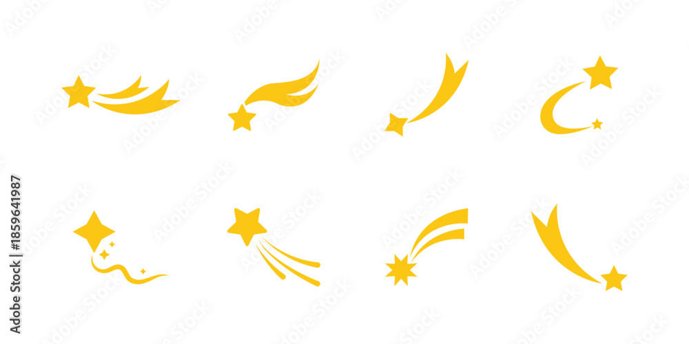 Fototapeta premium Shooting Star Icon Set Black Comet and Magic Spark Silhouette Vector Collection Isolated on White Background . eps10