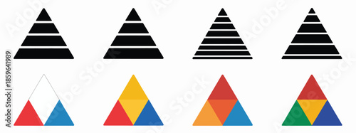 Triangular pyramid levels vector illustration showing color-coded pyramid chart, development stages infographic, business hierarchy, growth, and planning visualization.