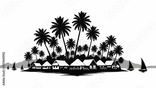 Tropical Island Silhouette with Palm Trees and Bungalows.