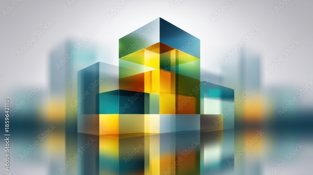 Fototapeta premium Abstract geometric blocks with translucent colorful surfaces reflecting light in a modern artistic composition for creative design projects