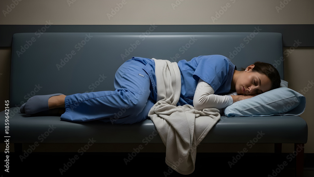 Fototapeta premium Exhausted Nurse Sleeping During On Call Shift in Hospital Representing Healthcare Sacrifice