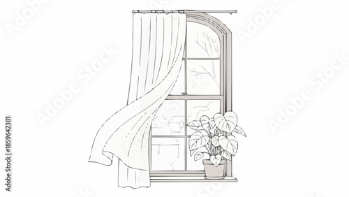 Sketch of an arched window with blowing curtains and a potted plant.