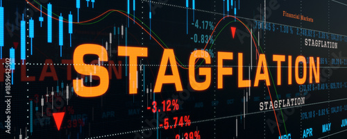 Stagflation, orange letters, charts, data, negative prices. Combination of high inflation, rising unemployment and stagnant demand, weak economy. 3D illustration