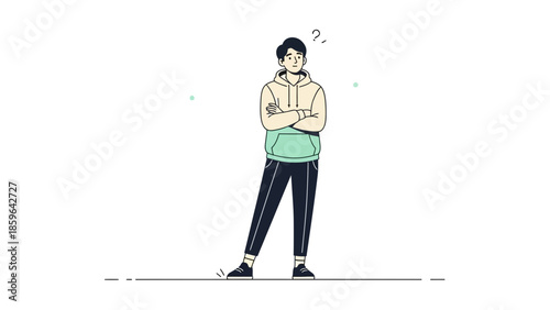 Illustration of a Young Man Thinking Deeply with Questions and Curiosity Expressed