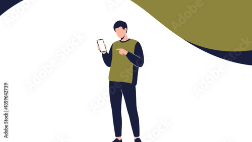 illustration of a young man using a smartphone and pointing at the screen while standing in a