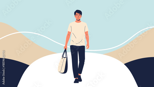 illustration of a young man walking on a pathway carrying a bag in a serene landscape setting