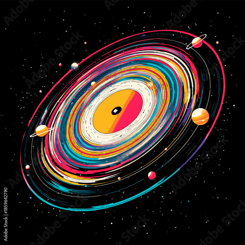 Vibrant colorful solar system with planets and rings in space, a stunning astronomical vector illustration