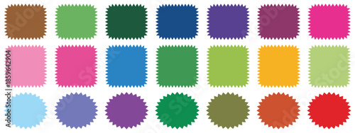 Geometric shapes design featuring scallop and zigzag borders, versatile blank templates for marketing, price tags, promotional materials, and vector design elements in circle and square forms.