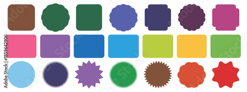 Geometric shapes design featuring scallop and zigzag borders, versatile blank templates for marketing, price tags, promotional materials, and vector design elements in circle and square forms.