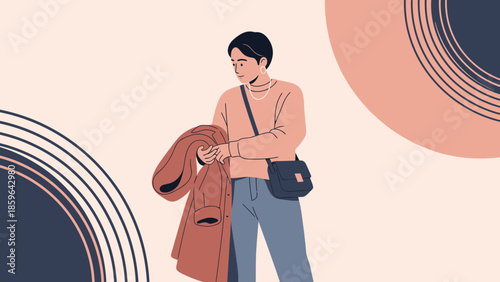 illustration of a young woman with short hair holding a brown coat and carrying a black crossbody