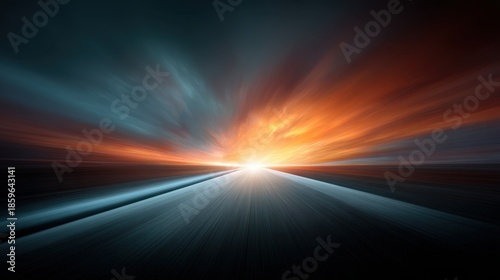 Dramatic Sunset with Motion Blur over a Road Leading to Horizon, Capturing Vibrant Colors and Dynamic Atmosphere of Nature's Beauty