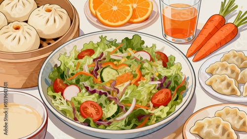 Illustration of assorted food items on a table