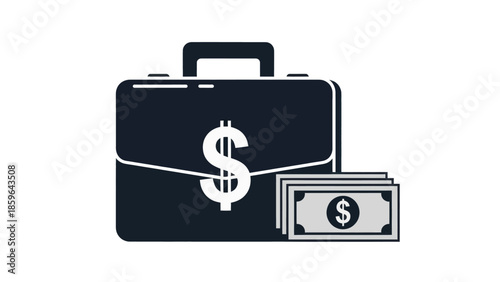 Dark briefcase with a dollar sign and cash, symbolizing wealth and business success.