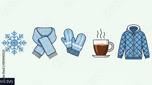 Cozy winter essentials including a warm drink, jacket, scarf, mittens, and snowflake