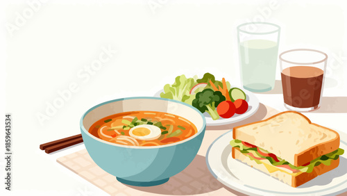 Illustration of a meal with soup sandwich and salad