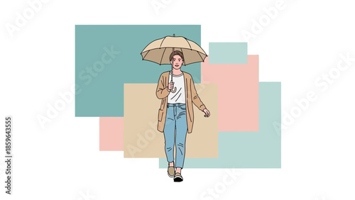 Minimalist Illustration of a Woman Holding an Umbrella and Walking Against Colorful Geometric