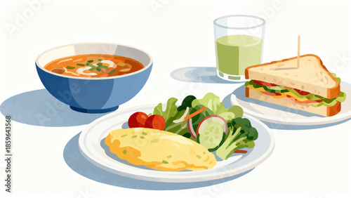 Illustration of a meal with sandwich salad soup and drink