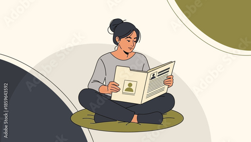 Young woman sitting cross-legged on a cushion reading a newspaper about social media and