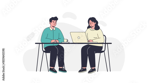 Two colleagues having a discussion during a professional meeting with a laptop and coffee in a